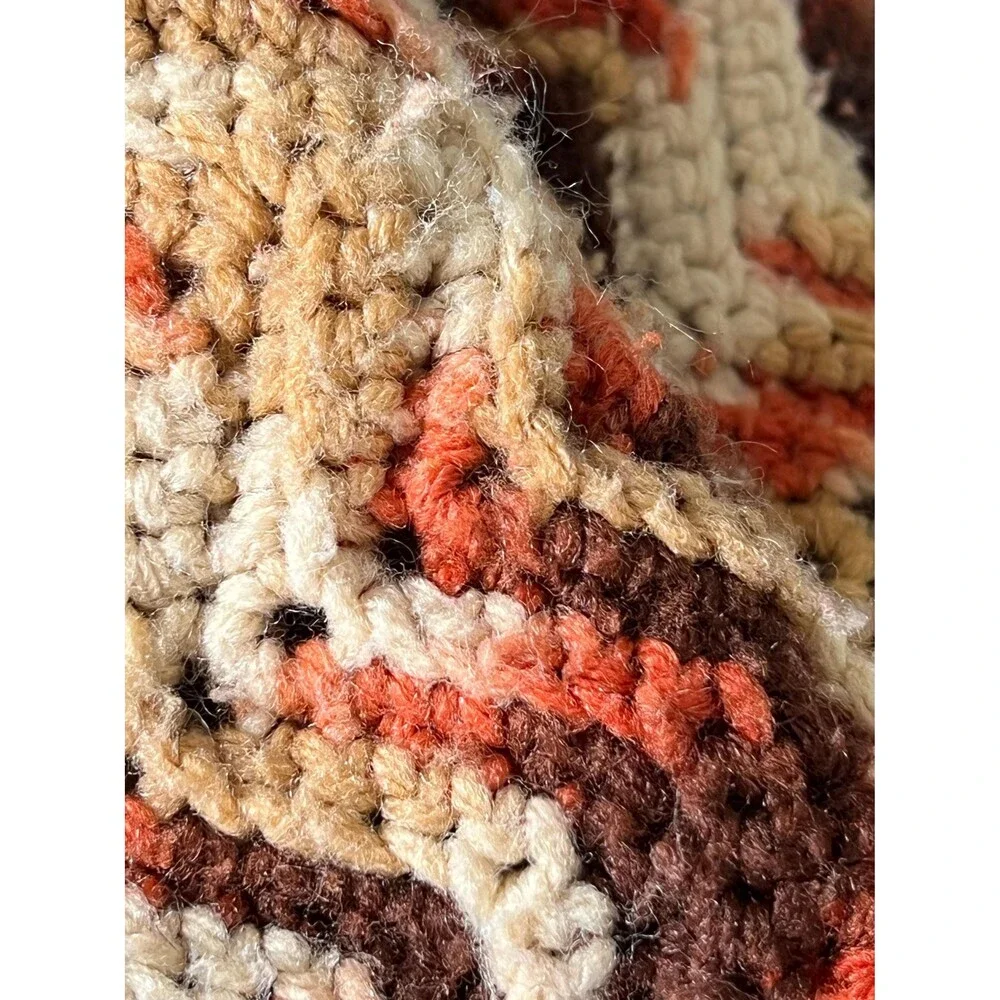 70s Style Chevron Stripe Hand Crocheted Afghan Blanket – Brown, Tan, Beige, Oran
